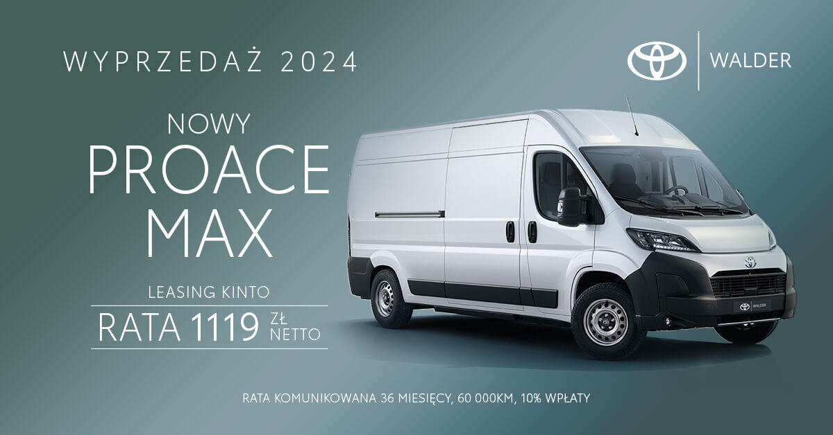 Dynamiczny widok Toyoty Proace Max, podkreślający korzystną ofertę leasingową – rata 1119 zł netto Dynamiczny widok Toyoty Proace Max, podkreślający korzystną ofertę leasingową – rata 1119 zł netto