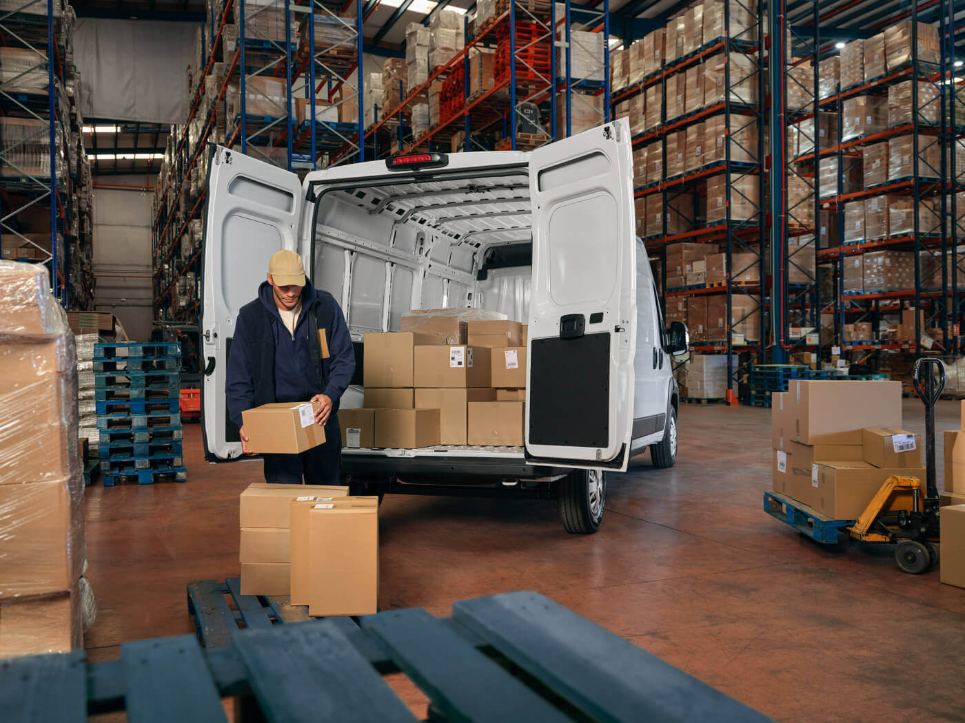 Mężczyzna w magazynie pakuje kartony do białej Toyoty Proace Max, ukazując jej przestronne wnętrze i praktyczne zastosowanie