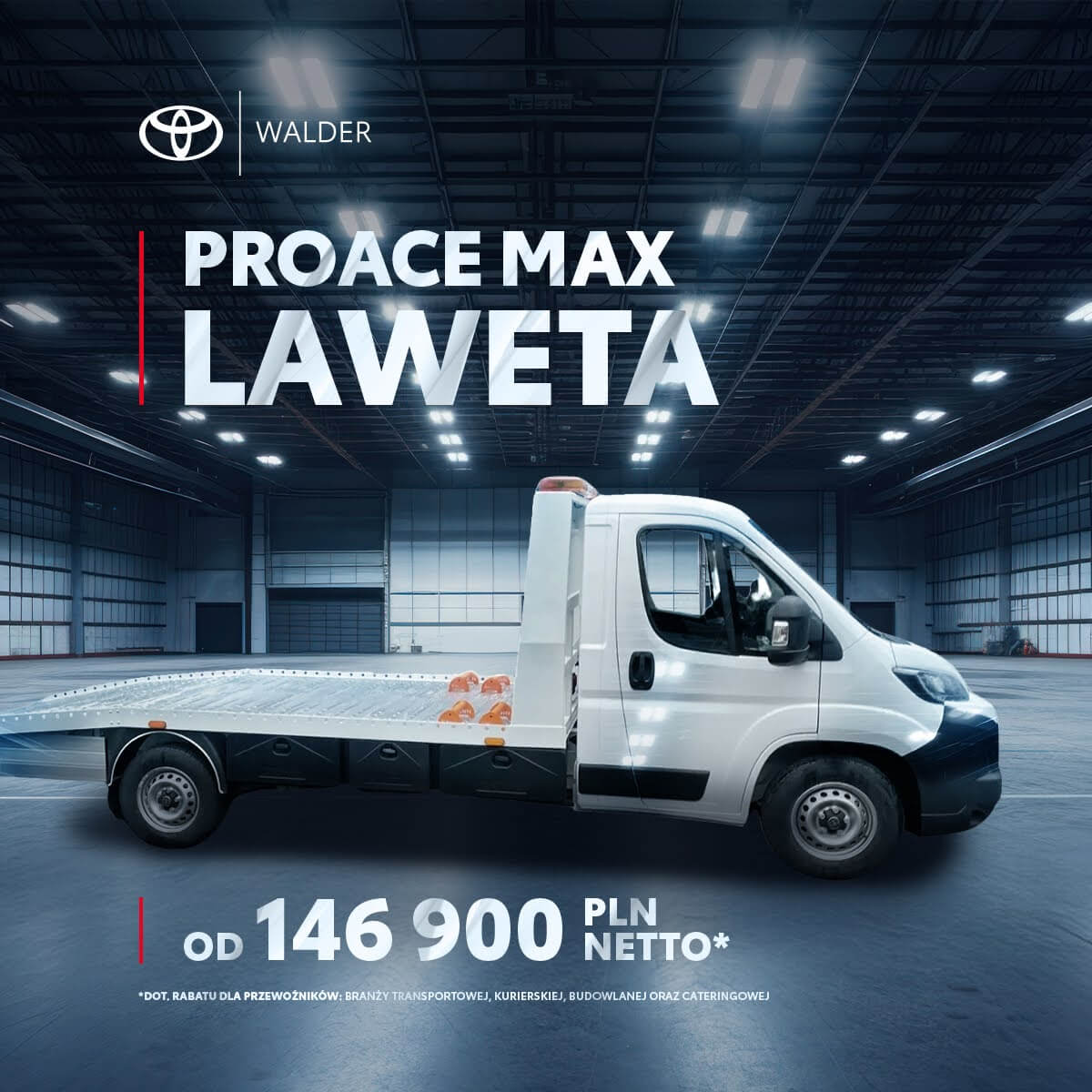 Toyota Proace Max Laweta od Walder Zabrze – wytrzymała zabudowa lawetowa, idealna do przewozu maszyn. Umów się na jazdę próbną – od 146 900 PLN netto. Toyota Proace Max Laweta od Walder Zabrze – wytrzymała zabudowa lawetowa, idealna do przewozu maszyn. Umów się na jazdę próbną – od 146 900 PLN netto.