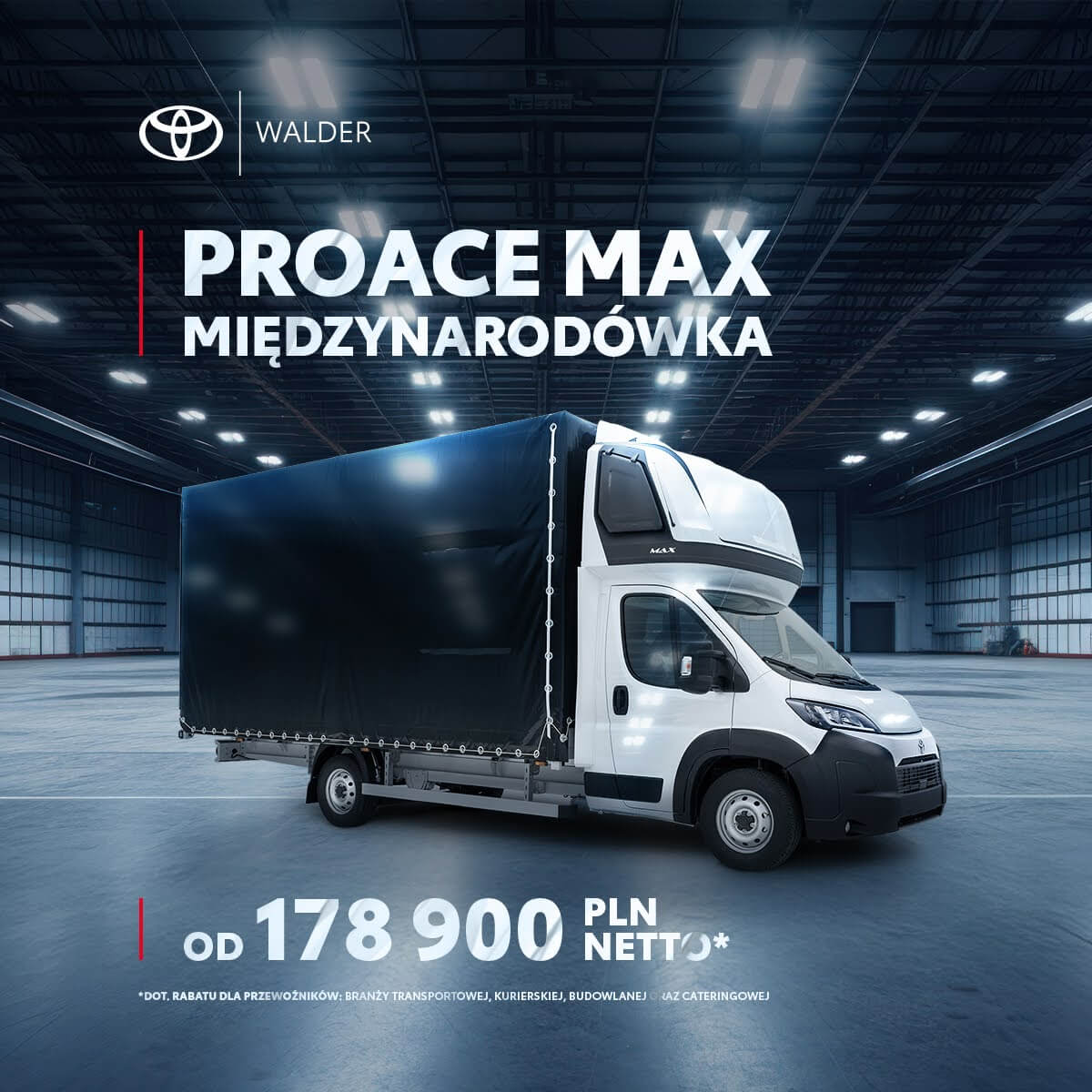 Toyota Proace Max z zabudową plandekową Międzynarodówka od Walder Zabrze. Kabina górna i przestronna ładownia – już od 178 900 PLN netto. Toyota Proace Max z zabudową plandekową Międzynarodówka od Walder Zabrze. Kabina górna i przestronna ładownia – już od 178 900 PLN netto.