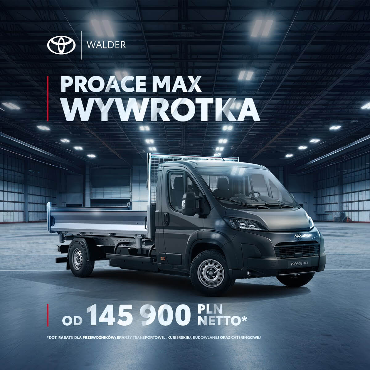Toyota Proace Max Wywrotka od Walder Zabrze – hydrauliczny mechanizm, wytrzymała konstrukcja i precyzyjny załadunek/rozładunek – od 145 900 PLN netto. Toyota Proace Max Wywrotka od Walder Zabrze – hydrauliczny mechanizm, wytrzymała konstrukcja i precyzyjny załadunek/rozładunek – od 145 900 PLN netto.