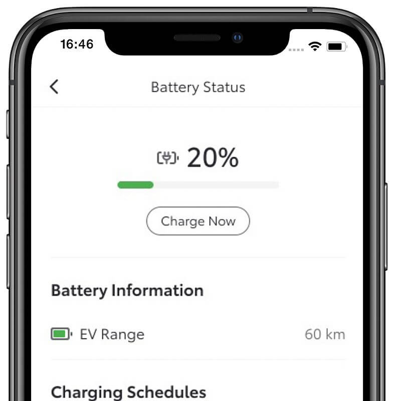 Ekran aplikacji Toyota pokazuje status baterii 20 % i zasięg 60 km samochodu – Toyota Walder Zabrze