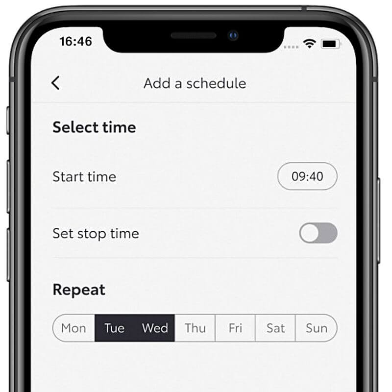 Ekran „Add a schedule” w aplikacji Toyota: start o 09:40, wybór dni tygodnia, tworzenie harmonogramu ładowania – Toyota Walder Zabrze.