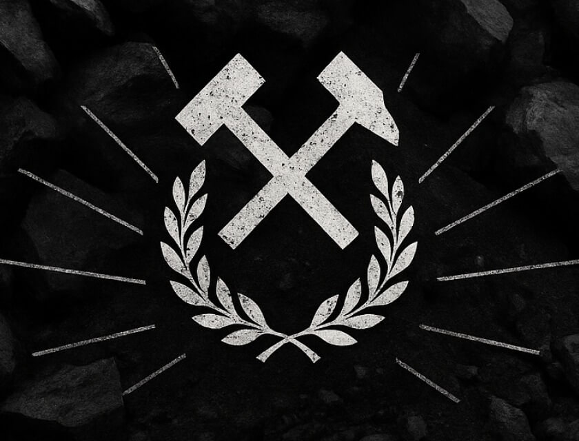 biale mlotki gornicze skrzyzowane nad galazami laurowymi na tle wegla, Toyota Walder Zabrze biale mlotki gornicze skrzyzowane nad galazami laurowymi na tle wegla, Toyota Walder Zabrze