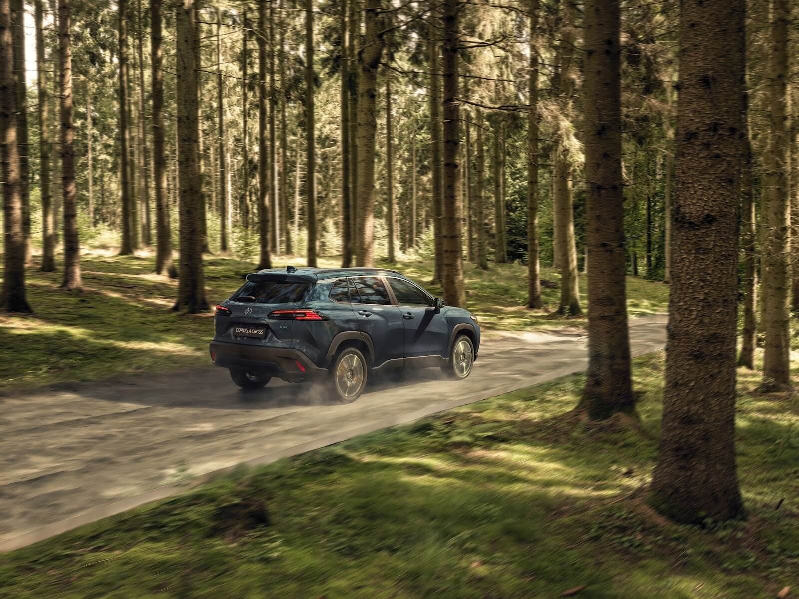 Dynamiczny kadr Toyoty Corolla Cross w ruchu pośród drzew, w ofercie Toyota Walder Zabrze – SUV