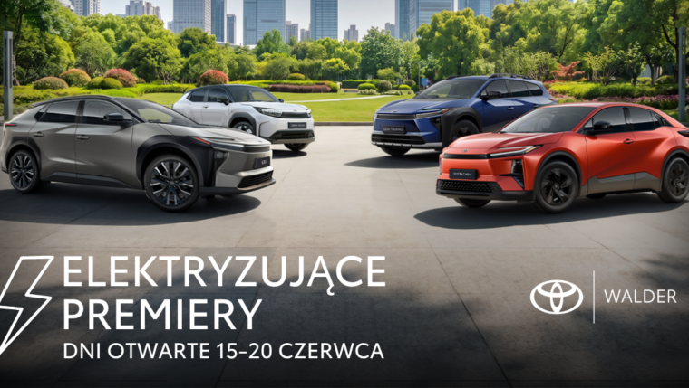 Cztery elektryczne Toyoty ustawione w parku na tle miasta, okładka Dni Otwartych „Elektryzujące premiery” 15-20 czerwca w salonie Toyota Walder Zabrze