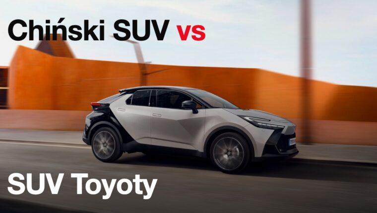 Toyota C-HR w dwukolorowym lakierze biało-czarnym w ruchu, okładka porównania chińskiego SUV-a z SUV-em Toyoty