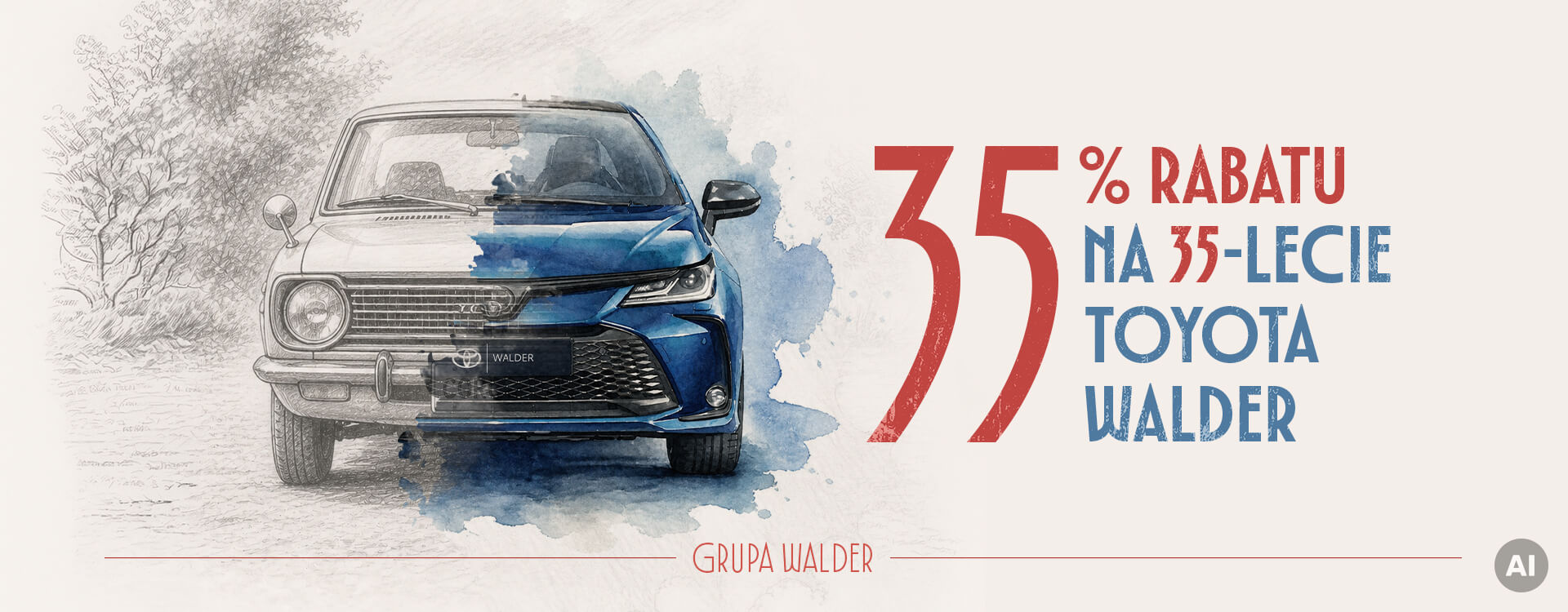 35% rabatu na 35-lecie Toyota Walder, klasyczna i nowa Toyota Corolla na grafice jubileuszowej Grupy Walder