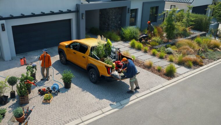 Toyota Hilux 2026 ze skrzynią ładunkową pełną sadzonek przy pracy w ogrodzie, salon Toyoty Walder Zabrze